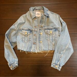 Zara denim distressed cropped jacket